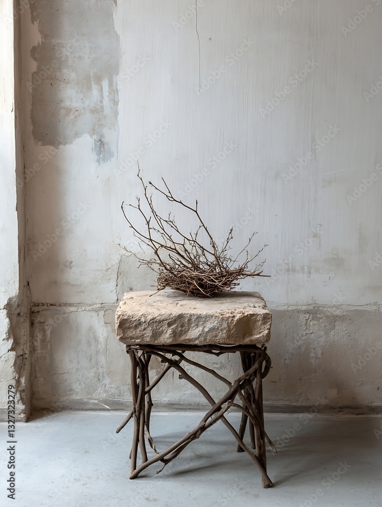 Poster stylish natural decor featuring a rustic stone table with a unique twig arrangement for modern inter