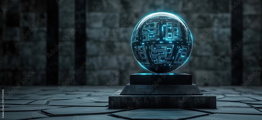 Aufkleber futuristic glowing orb with circuit patterns on pedestal in dark stone environment