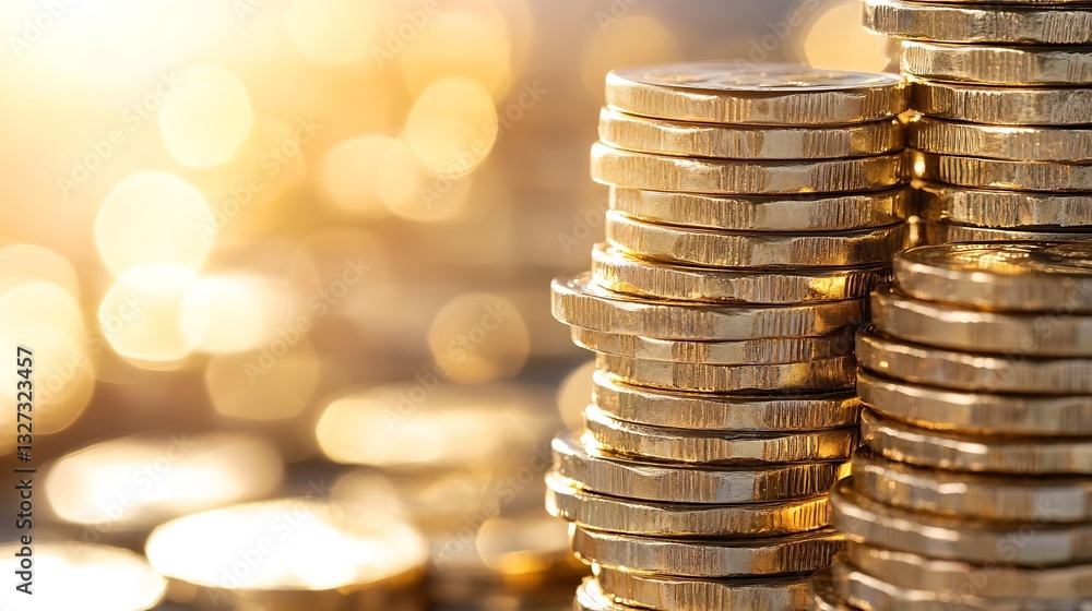 Poster closeup view of shining stacked coins with a blur of golden light creating a warm atmosphere for fin
