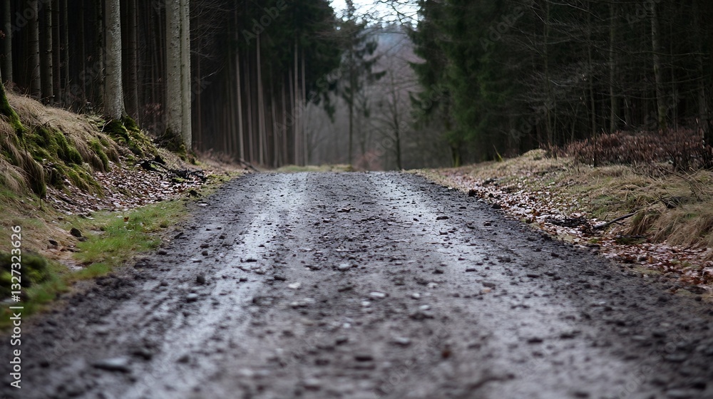 Poster Muddy Forest Path Surrounded by Tall Trees and Green Grass on a Gloomy Day : Generative AI