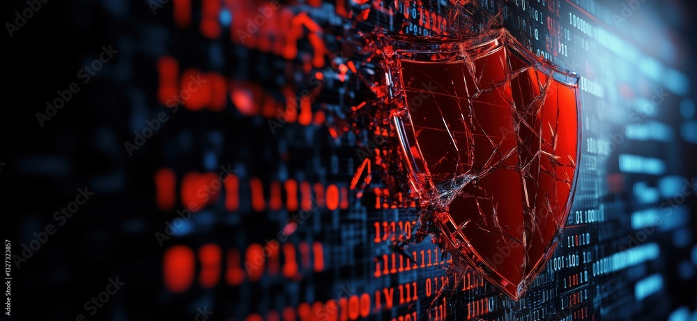 Poster digital security breach concept with shattered red shield on binary code background