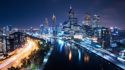 Fototapeta premium Stunning Night View of Modern City Skyline with Bright Lights Reflecting on Calm River : Generative AI