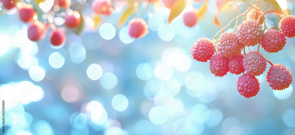 Poster fresh lychee fruits hanging on tree branches with dreamy bokeh background