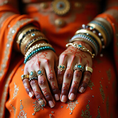 Delicate hands adorned with rich henna and colorful bangles rest on garnet lehenga in opulent festive style, generative ai