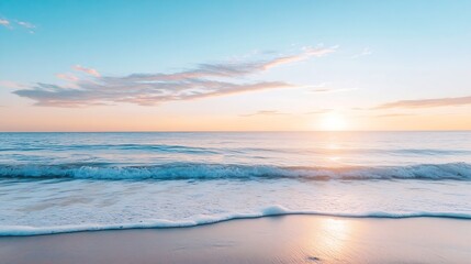 Obraz premium Beautiful sunrise over the ocean creating vibrant colors on the water and beach with gentle waves : Generative AI