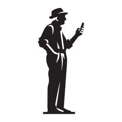 Digital Nomad Old Man Silhouette Using Mobile Phone, connecting with the world - Old Man illustration - Minimalist Old Man vector - Modern thinker
