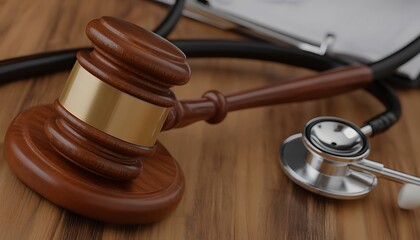 Judge's gavel and medical stethoscope on wood, law and medicine