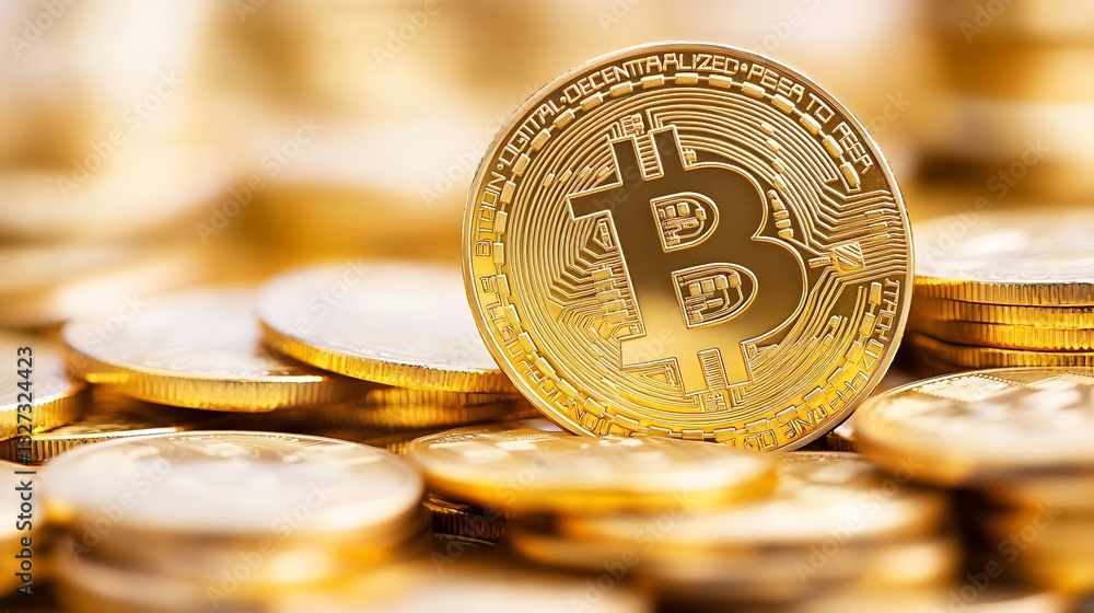 Poster golden bitcoin coin among a pile of cryptocurrency coins representing digital finance : generative a