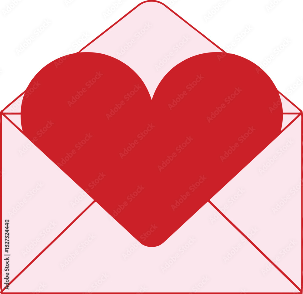 Poster a pink envelope with a prominent red heart symbolizing love, designed in a minimal flat vector art s