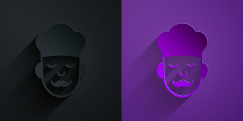 Paper cut Cook icon isolated on black on purple background. Chef symbol. Paper art style. Vector