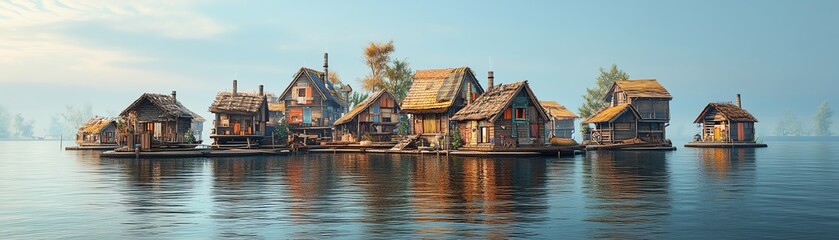 Obraz premium A floating village built with sustainable water filtration systems, thriving on a lake