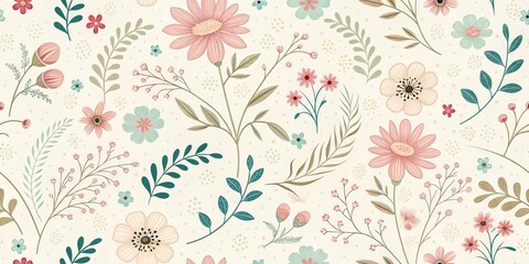 Floral Delight Pastel Flowers and Leaves Seamless Pattern on Cream Background, Spring, Botanical