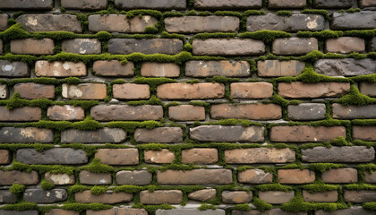 Close-up of an old weathered brick wall covered in patches of green moss, showing rustic, aged textures and natural urban decay aesthetics