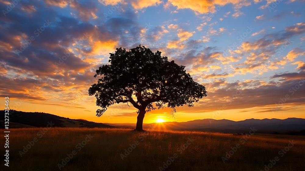 Poster majestic silhouette of a tree at sunset casting long shadows in a serene landscape : generative ai