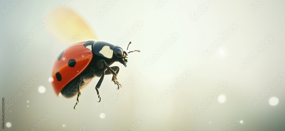 Poster close-up of a ladybug in flight with a soft blurred background and glowing particles