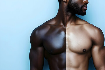 Fototapeta premium Man with Divided Skin Tone Side by Side Comparison on Blue