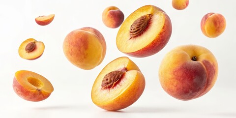 Floating Peaches Fresh Slices and Whole Fruits on White Background, summer fruit , stone fruit