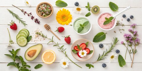 Flat Lay of Summer Fruits, Flowers and Cream on White Wood , food photography