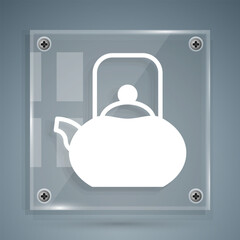 White Kettle with handle icon isolated on grey background. Teapot icon. Square glass panels. Vector