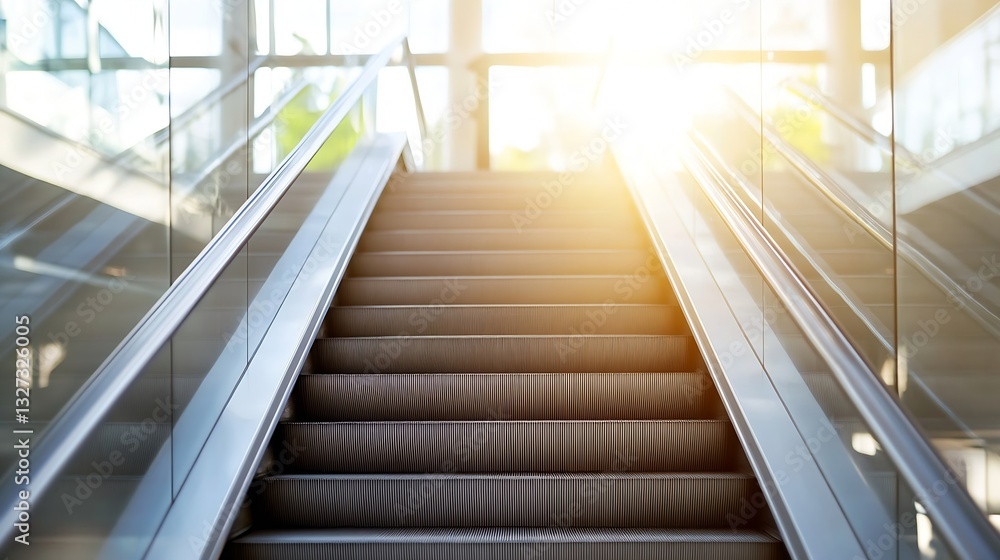 Poster illuminated escalator in modern building leading towards a bright entrance : generative ai