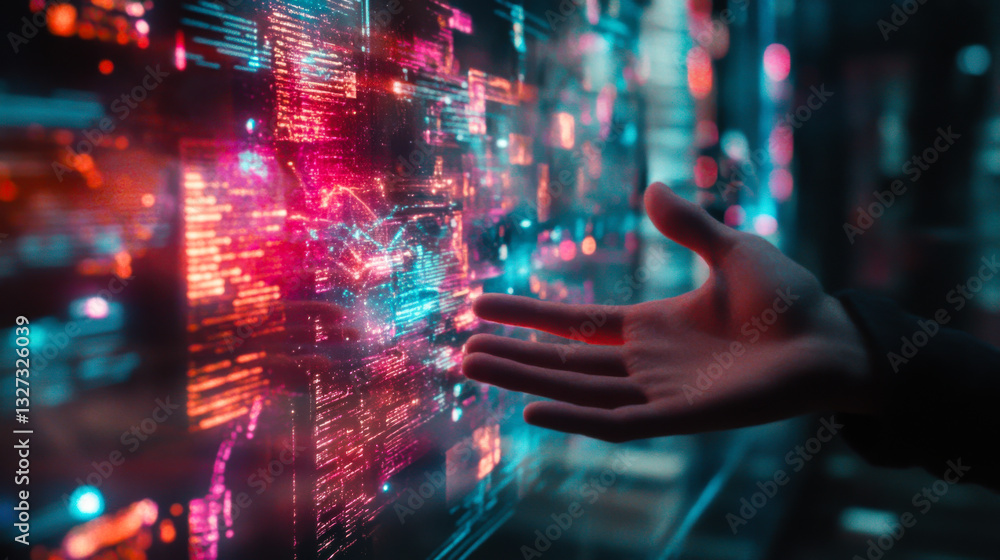 Aufkleber digital interaction with glowing data interface in a futuristic setting
