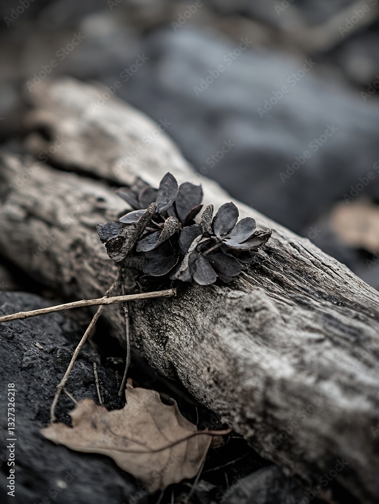 Aufkleber CloseUp of Pine Cone and Dry Leaves Resting on Weathered Grayscale Log : Generative AI