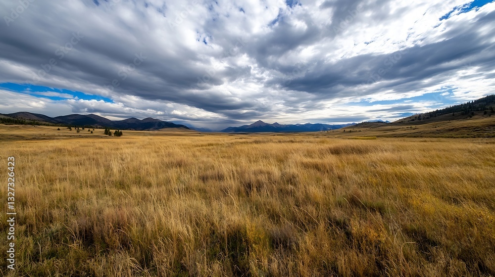 Poster Breathtaking view of open grassland under a dramatic sky with shifting clouds and distant mountains : Generative AI