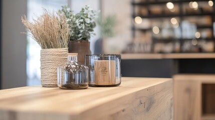 Stylish home decor featuring modern plant arrangements and elegant candle display on wooden table : Generative AI