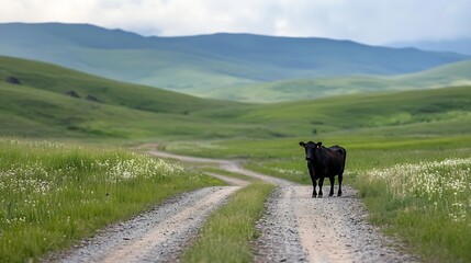 A lone black cow standing on a gravel road surrounded by lush green hills under a cloudy sky : Generative AI