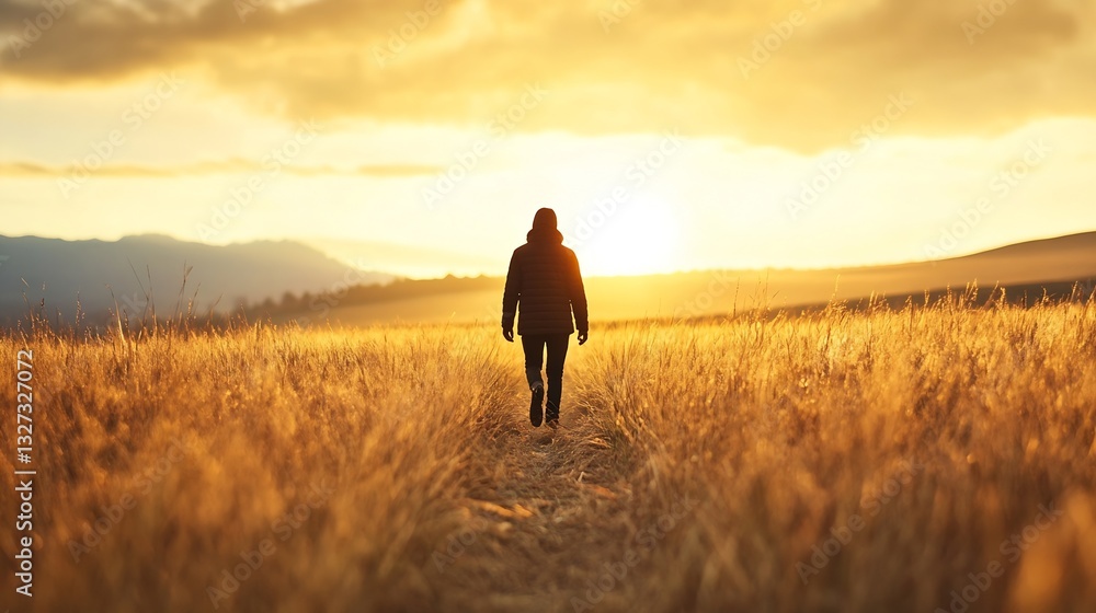 Poster person walking alone in a golden field under a beautiful sunrise with mountains in the background : 