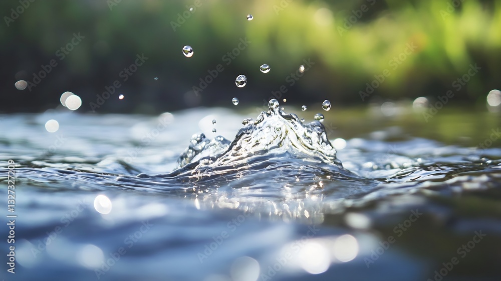 Aufkleber close up of water splash creating ripples in a serene natural setting with sunlight reflections : ge