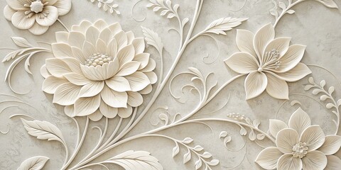 Elegant Floral Relief White Flowers and Swirls on Textured Background ,floral, pattern