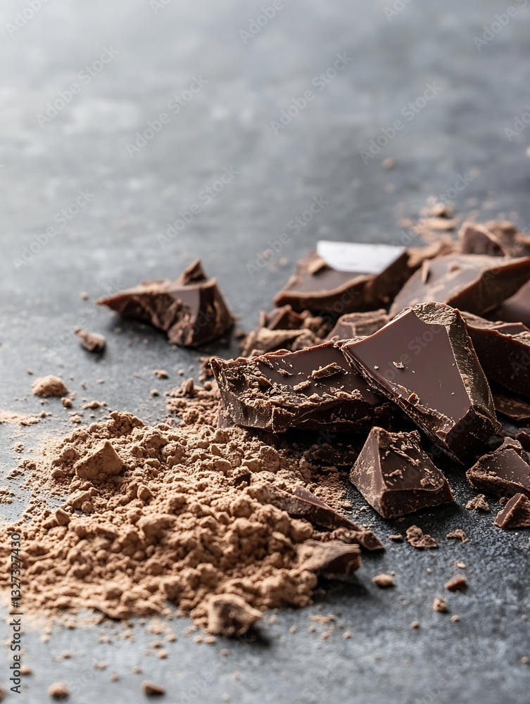 Poster close up of freshly broken dark chocolate pieces and cocoa powder on a dark background : generative 