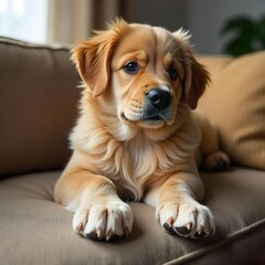 Dog setting on the sofa sad dog on a couch at home or living room