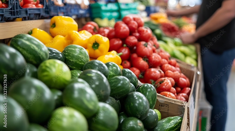 Poster fresh vegetables arranged in a vibrant farmer's market with colorful peppers and greens on display :