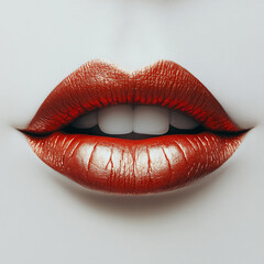 Close-up of glossy metallic red lips with gold highlights against a smooth white background.