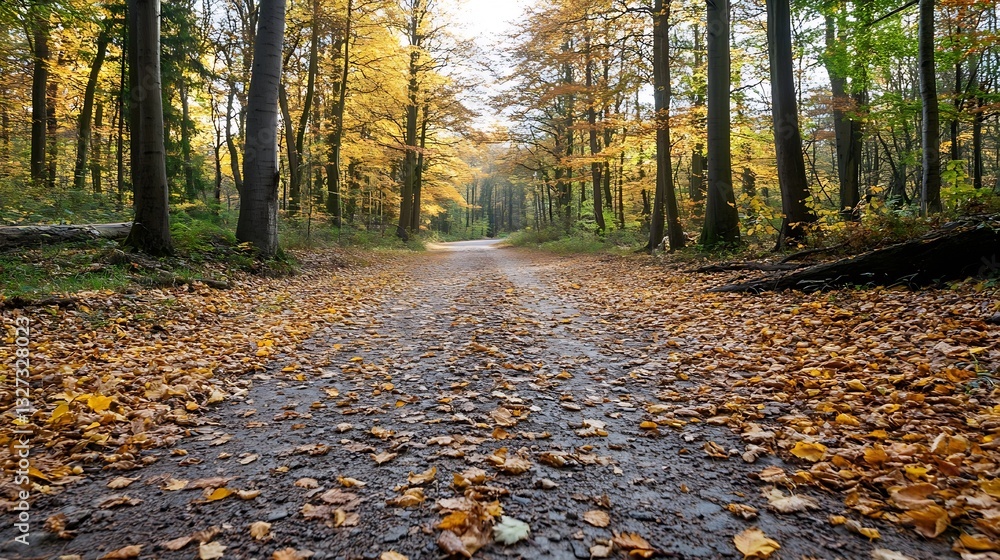 Poster scenic autumn trail surrounded by vibrant trees and fallen leaves creating a picturesque woodland pa