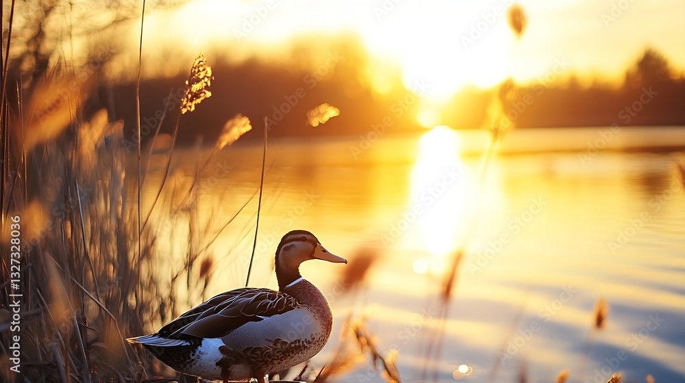 Poster gentle sunset illuminating a tranquil lake with a duck resting on the shore surrounded by reeds : ge