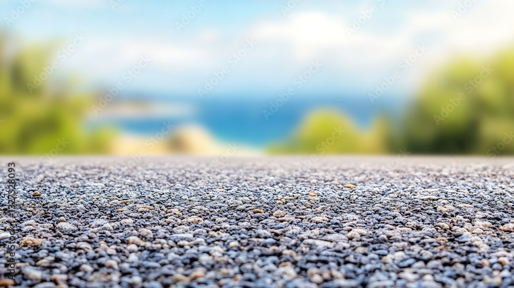 Poster smooth asphalt road leading to a serene ocean view with blurred background : generative ai