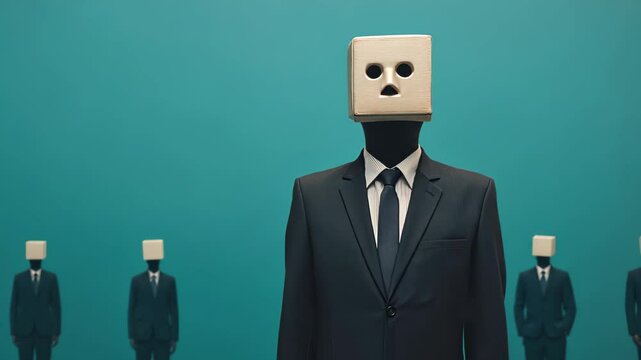 TV Heads Symbolizing Mind Control with a Prop in Surreal Art with Men in Suits on Green Minimalist Background as a Commentary on Modern Media Influence and Conformity in Society