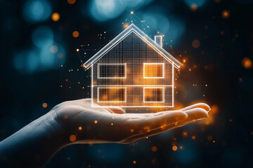 Futuristic digital house hologram floating above businessman's hand, representing real estate and technology innovation.