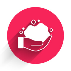 White Gold nugget icon isolated with long shadow background. Mineral boulder. Red circle button. Vector