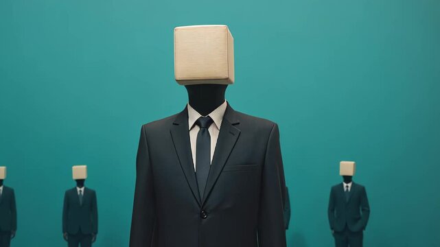 TV Heads Symbolizing Mind Control with a Prop in Surreal Art with Men in Suits on Green Minimalist Background as a Commentary on Modern Media Influence and Conformity in Society