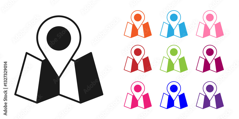 Poster black folded map with location marker icon isolated on white background. set icons colorful. vector