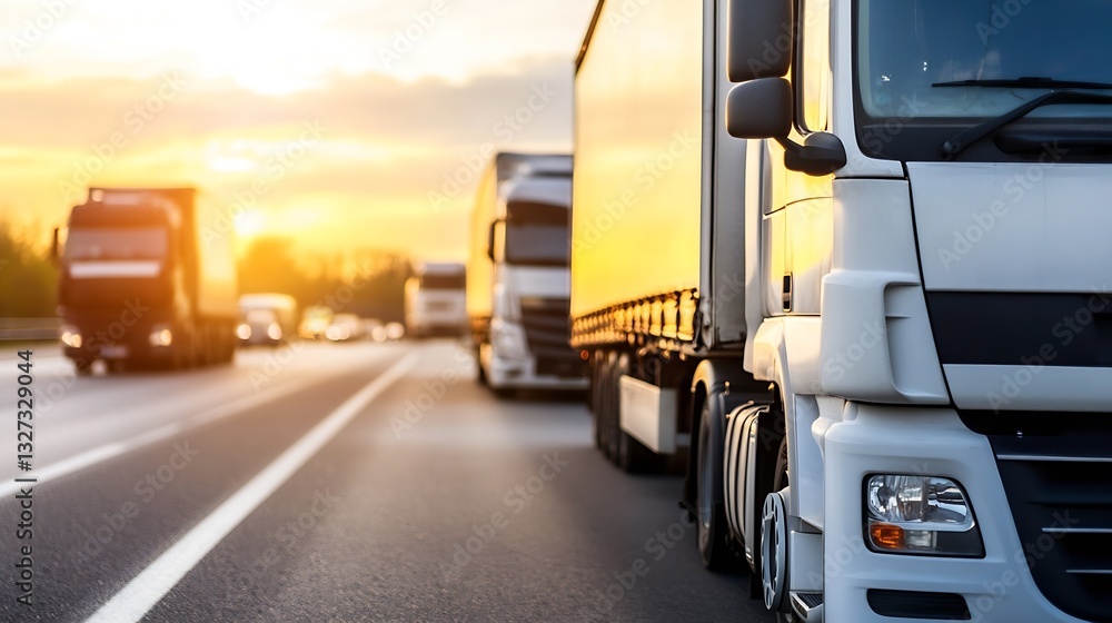 Poster trucks on a highway at sunset creating a stunning transportation scene : generative ai