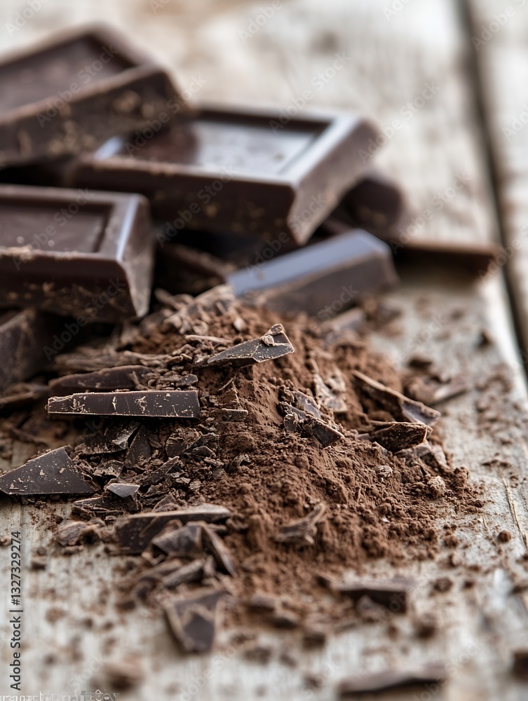 Poster rich dark chocolate pieces artistically arranged with cocoa powder on a rustic wooden table : genera