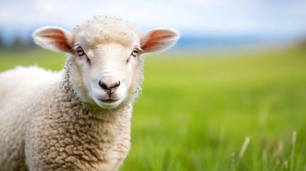 Fototapeta premium Adorable close up of a fluffy white lamb standing in a lush green pasture under a bright blue sky : Generative AI