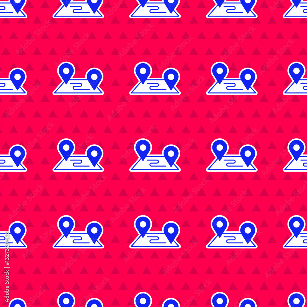 Poster blue route location icon isolated seamless pattern on red background. map pointer sign. concept of p