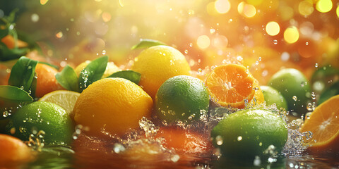 Fresh Citrus Fruits with Splashing Water and Sunlight

