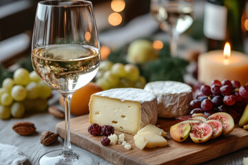 Glass of wine & cheese on wooden board.